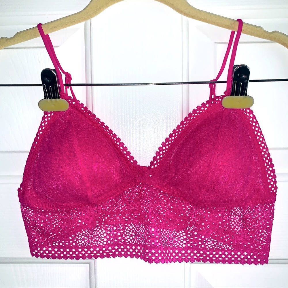 Victoria's Secret VS Hot Pink Fuchsia Crochet Lace Padded Longline Bralette M